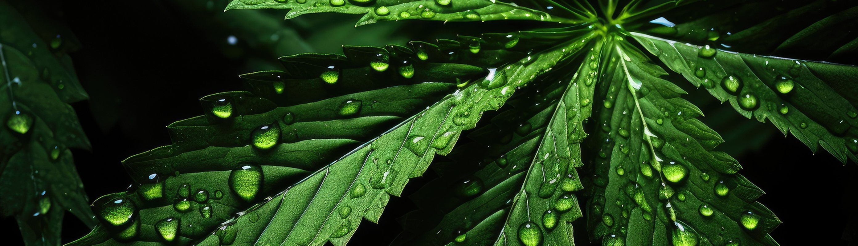 Close-up of large green leaves with jagged edges, covered in water droplets. The leaves are arranged in a fan-like pattern with a dark background.