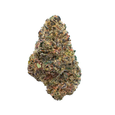 A close-up of a Gary Payton THCa Pre-Roll - 1g cannabis bud reveals dense, frosty textures with green, purple, and orange hues. Its THCa-rich trichomes stand out against a plain white background.