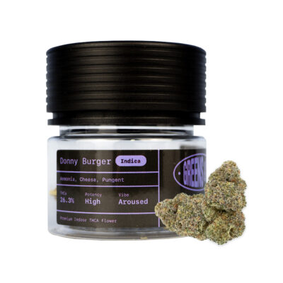 The Donny Burger jar features high-potency cannabis at 26.3% THC with a pungent aroma and a nugget of this Indica strain beside it. For convenience, try the Gary Payton THCa Pre-Roll (1g) to effortlessly enjoy a robust experience.