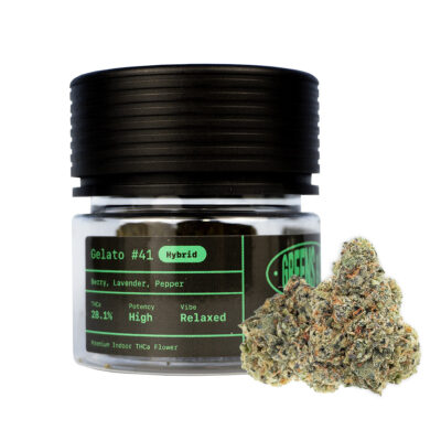 A jar labeled Gelato #41 Hybrid sits beside a cluster of cannabis buds, exuding flavors of berry, lavender, and pepper. With 28.1% THC content and high potency, it promises relaxation. Enjoying this is like the calming experience from a Gary Payton THCa Pre-Roll - 1g in Gelatos serene essence.