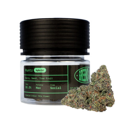 A clear container with a black lid holds Runtz Hybrid cannabis buds with a 32.2% THC potency, offering berry, sweet, and tree fruit flavors. Beside the container are two buds reminiscent of the Gary Payton THCa Pre-Roll - 1g strains allure.