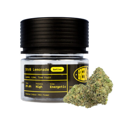 A jar labeled Str8 Lemonade Sativa with a black lid contains cannabis boasting lemon, lime, tree fruit flavors, high potency, and an energetic vibe with 29.6% THC. Beside it is a Gary Payton THCa Pre-Roll - 1g, offering a vibrant experience.