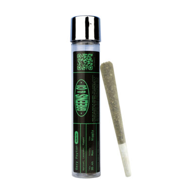 A Gary Payton THCa Pre-Roll - 1g sits beside a clear plastic tube with a silver cap, showcasing a black and green label with text and a QR code. The joint, wrapped in light brown paper, delivers premium quality in every puff.