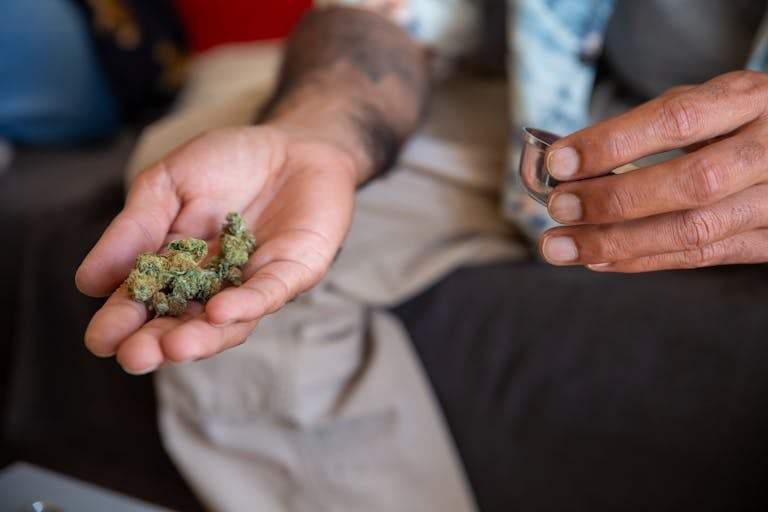 Close-up of an adult's hand holding cannabis buds with a canister, showcasing herbal marijuana use.